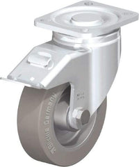 Blickle - 5" Diam x 1-9/16" Wide x 6-1/2" OAH Top Plate Mount Swivel Caster with Brake - Solid Rubber, 550 Lb Capacity, Ball Bearing, 3-15/16 x 3-3/8" Plate - Eagle Tool & Supply