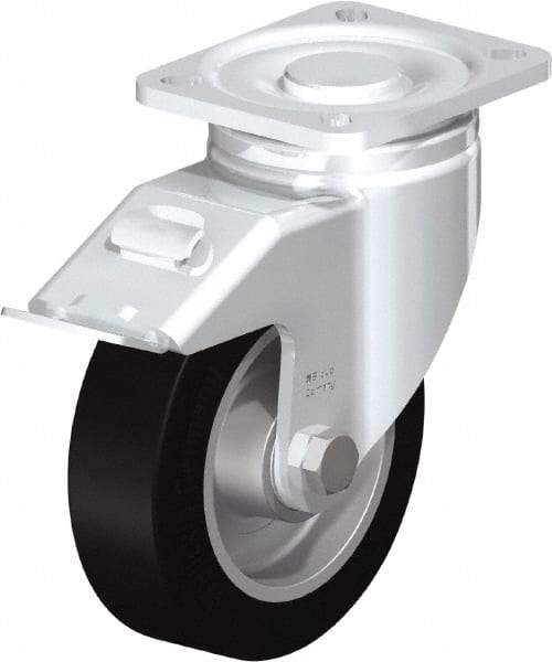 Blickle - 5" Diam x 1-9/16" Wide x 6-1/2" OAH Top Plate Mount Swivel Caster with Brake - Solid Rubber, 550 Lb Capacity, Ball Bearing, 3-15/16 x 3-3/8" Plate - Eagle Tool & Supply