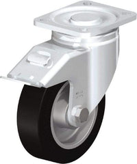 Blickle - 5" Diam x 1-9/16" Wide x 6-1/2" OAH Top Plate Mount Swivel Caster with Brake - Solid Rubber, 550 Lb Capacity, Ball Bearing, 3-15/16 x 3-3/8" Plate - Eagle Tool & Supply
