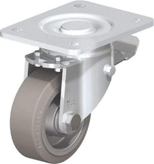 Blickle - 4" Diam x 1-9/16" Wide x 5-33/64" OAH Top Plate Mount Swivel Caster with Brake - Solid Rubber, 440 Lb Capacity, Ball Bearing, 5-1/2 x 4-3/8" Plate - Eagle Tool & Supply