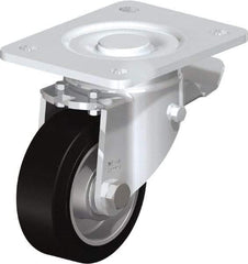 Blickle - 4" Diam x 1-9/16" Wide x 5-33/64" OAH Top Plate Mount Swivel Caster with Brake - Solid Rubber, 440 Lb Capacity, Ball Bearing, 5-1/2 x 4-3/8" Plate - Eagle Tool & Supply