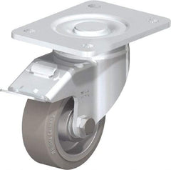 Blickle - 4" Diam x 1-9/16" Wide x 5-33/64" OAH Top Plate Mount Swivel Caster with Brake - Solid Rubber, 440 Lb Capacity, Ball Bearing, 5-1/2 x 4-3/8" Plate - Eagle Tool & Supply
