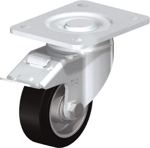 Blickle - 4" Diam x 1-9/16" Wide x 5-33/64" OAH Top Plate Mount Swivel Caster with Brake - Solid Rubber, 440 Lb Capacity, Ball Bearing, 5-1/2 x 4-3/8" Plate - Eagle Tool & Supply