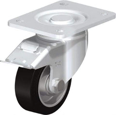 Blickle - 4" Diam x 1-9/16" Wide x 5-33/64" OAH Top Plate Mount Swivel Caster with Brake - Solid Rubber, 440 Lb Capacity, Ball Bearing, 5-1/2 x 4-3/8" Plate - Eagle Tool & Supply