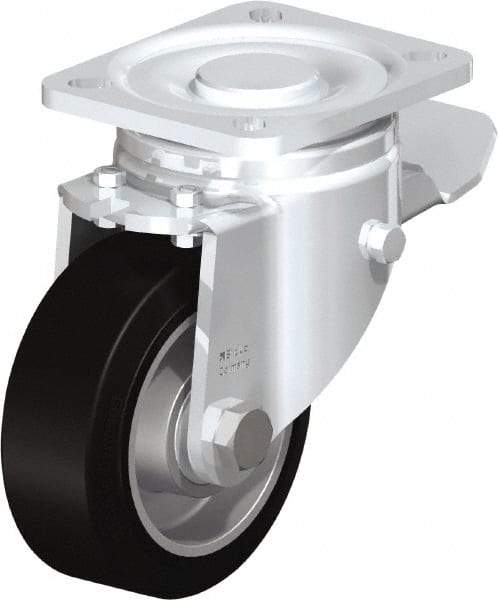 Blickle - 4" Diam x 1-9/16" Wide x 5-33/64" OAH Top Plate Mount Swivel Caster with Brake - Solid Rubber, 440 Lb Capacity, Ball Bearing, 3-15/16 x 3-3/8" Plate - Eagle Tool & Supply