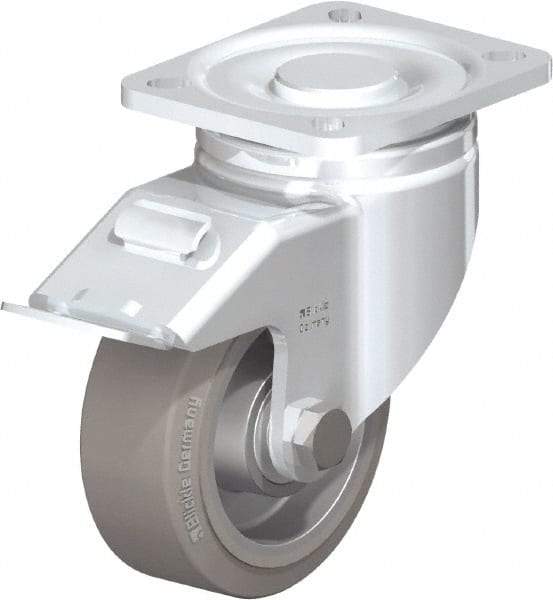 Blickle - 4" Diam x 1-9/16" Wide x 5-33/64" OAH Top Plate Mount Swivel Caster with Brake - Solid Rubber, 440 Lb Capacity, Ball Bearing, 3-15/16 x 3-3/8" Plate - Eagle Tool & Supply
