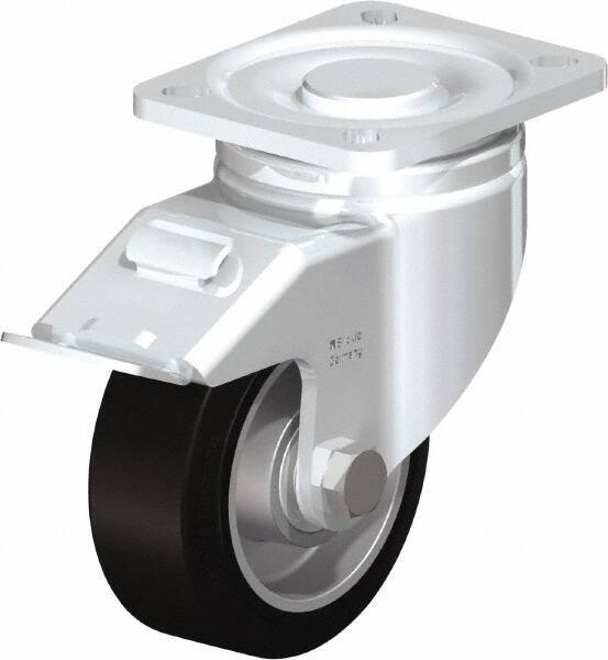 Blickle - 4" Diam x 1-9/16" Wide x 5-33/64" OAH Top Plate Mount Swivel Caster with Brake - Solid Rubber, 440 Lb Capacity, Ball Bearing, 3-15/16 x 3-3/8" Plate - Eagle Tool & Supply