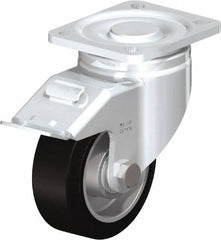 Blickle - 4" Diam x 1-9/16" Wide x 5-33/64" OAH Top Plate Mount Swivel Caster with Brake - Solid Rubber, 440 Lb Capacity, Ball Bearing, 3-15/16 x 3-3/8" Plate - Eagle Tool & Supply