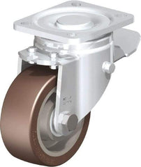 Blickle - 4" Diam x 1-37/64" Wide x 5-33/64" OAH Top Plate Mount Swivel Caster with Brake - Polyurethane-Elastomer Blickle Softhane, 880 Lb Capacity, Ball Bearing, 3-15/16 x 3-3/8" Plate - Eagle Tool & Supply