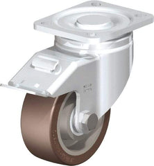 Blickle - 4" Diam x 1-37/64" Wide x 5-33/64" OAH Top Plate Mount Swivel Caster with Brake - Polyurethane-Elastomer Blickle Softhane, 880 Lb Capacity, Ball Bearing, 3-15/16 x 3-3/8" Plate - Eagle Tool & Supply