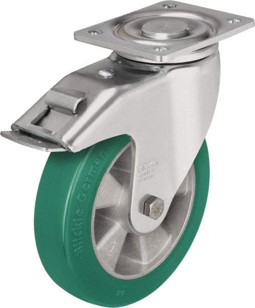 Blickle - 5" Diam x 2-1/8" Wide x 6-11/16" OAH Top Plate Mount Swivel Caster with Brake - Polyurethane-Elastomer Blickle Softhane, 990 Lb Capacity, Ball Bearing, 5-1/2 x 4-3/8" Plate - Eagle Tool & Supply