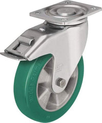 Blickle - 6-1/2" Diam x 2" Wide x 7-61/64" OAH Top Plate Mount Swivel Caster with Brake - Polyurethane-Elastomer Blickle Softhane, 1,210 Lb Capacity, Ball Bearing, 5-1/2 x 4-3/8" Plate - Eagle Tool & Supply