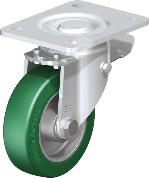 Blickle - 5" Diam x 1-9/16" Wide x 6-1/2" OAH Top Plate Mount Swivel Caster with Brake - Polyurethane-Elastomer Blickle Softhane, 770 Lb Capacity, Ball Bearing, 5-1/2 x 4-3/8" Plate - Eagle Tool & Supply