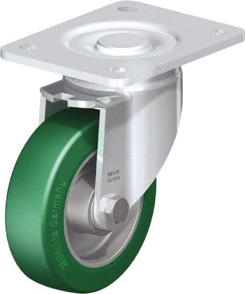 Blickle - 5" Diam x 1-9/16" Wide x 6-1/2" OAH Top Plate Mount Swivel Caster - Polyurethane-Elastomer Blickle Softhane, 770 Lb Capacity, Ball Bearing, 5-1/2 x 4-3/8" Plate - Eagle Tool & Supply