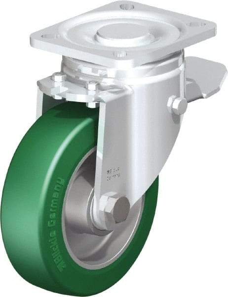Blickle - 5" Diam x 1-9/16" Wide x 6-1/2" OAH Top Plate Mount Swivel Caster with Brake - Polyurethane-Elastomer Blickle Softhane, 770 Lb Capacity, Ball Bearing, 3-15/16 x 3-3/8" Plate - Eagle Tool & Supply