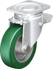 Blickle - 5" Diam x 1-9/16" Wide x 6-1/2" OAH Top Plate Mount Swivel Caster with Brake - Polyurethane-Elastomer Blickle Softhane, 770 Lb Capacity, Ball Bearing, 3-15/16 x 3-3/8" Plate - Eagle Tool & Supply