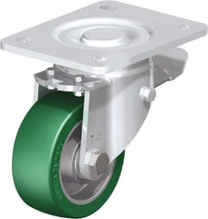 Blickle - 4" Diam x 1-9/16" Wide x 5-33/64" OAH Top Plate Mount Swivel Caster with Brake - Polyurethane-Elastomer Blickle Softhane, 660 Lb Capacity, Ball Bearing, 5-1/2 x 4-3/8" Plate - Eagle Tool & Supply