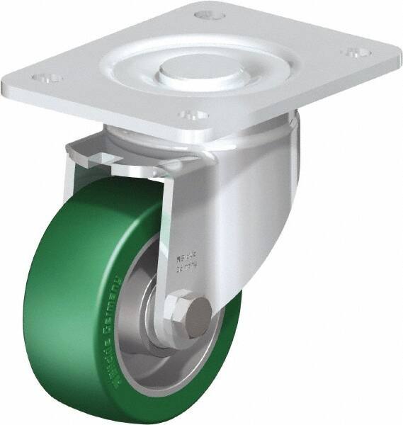 Blickle - 4" Diam x 1-9/16" Wide x 5-33/64" OAH Top Plate Mount Swivel Caster - Polyurethane-Elastomer Blickle Softhane, 660 Lb Capacity, Ball Bearing, 5-1/2 x 4-3/8" Plate - Eagle Tool & Supply