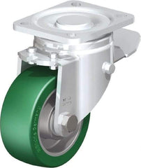 Blickle - 4" Diam x 1-9/16" Wide x 5-33/64" OAH Top Plate Mount Swivel Caster with Brake - Polyurethane-Elastomer Blickle Softhane, 660 Lb Capacity, Ball Bearing, 3-15/16 x 3-3/8" Plate - Eagle Tool & Supply