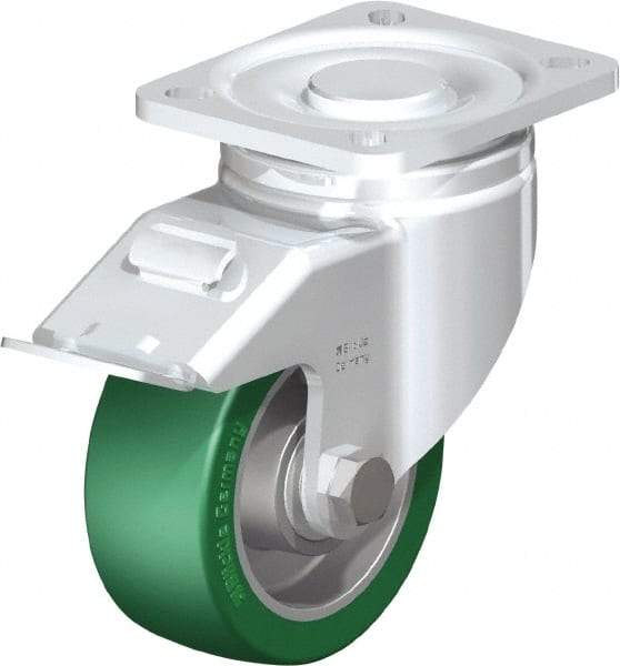 Blickle - 4" Diam x 1-9/16" Wide x 5-33/64" OAH Top Plate Mount Swivel Caster with Brake - Polyurethane-Elastomer Blickle Softhane, 660 Lb Capacity, Ball Bearing, 3-15/16 x 3-3/8" Plate - Eagle Tool & Supply