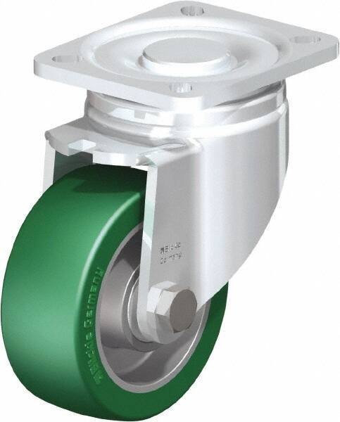 Blickle - 4" Diam x 1-9/16" Wide x 5-33/64" OAH Top Plate Mount Swivel Caster - Polyurethane-Elastomer Blickle Softhane, 660 Lb Capacity, Ball Bearing, 3-15/16 x 3-3/8" Plate - Eagle Tool & Supply