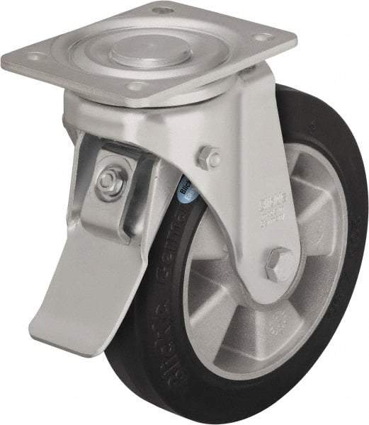 Blickle - 8" Diam x 2" Wide x 9-41/64" OAH Top Plate Mount Swivel Caster with Brake - Solid Rubber, 1,210 Lb Capacity, Ball Bearing, 5-1/2 x 4-3/8" Plate - Eagle Tool & Supply