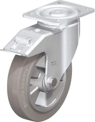 Blickle - 8" Diam x 2" Wide x 9-41/64" OAH Top Plate Mount Swivel Caster with Brake - Solid Rubber, 1,210 Lb Capacity, Ball Bearing, 5-1/2 x 4-3/8" Plate - Eagle Tool & Supply