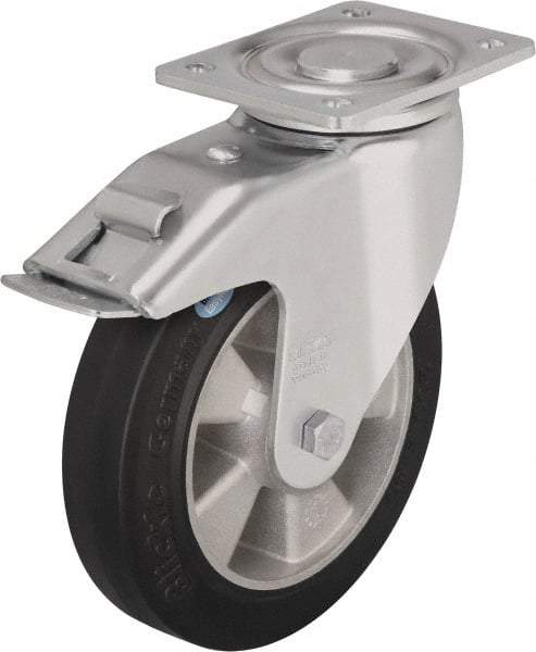 Blickle - 8" Diam x 2" Wide x 9-41/64" OAH Top Plate Mount Swivel Caster with Brake - Solid Rubber, 1,210 Lb Capacity, Ball Bearing, 5-1/2 x 4-3/8" Plate - Eagle Tool & Supply