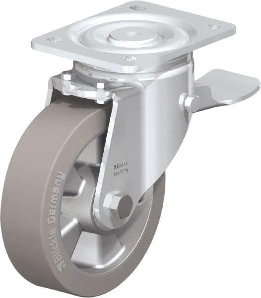 Blickle - 6-1/2" Diam x 2" Wide x 7-61/64" OAH Top Plate Mount Swivel Caster with Brake - Solid Rubber, 880 Lb Capacity, Ball Bearing, 5-1/2 x 4-3/8" Plate - Eagle Tool & Supply