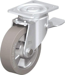 Blickle - 6-1/2" Diam x 2" Wide x 7-61/64" OAH Top Plate Mount Swivel Caster with Brake - Solid Rubber, 880 Lb Capacity, Ball Bearing, 5-1/2 x 4-3/8" Plate - Eagle Tool & Supply