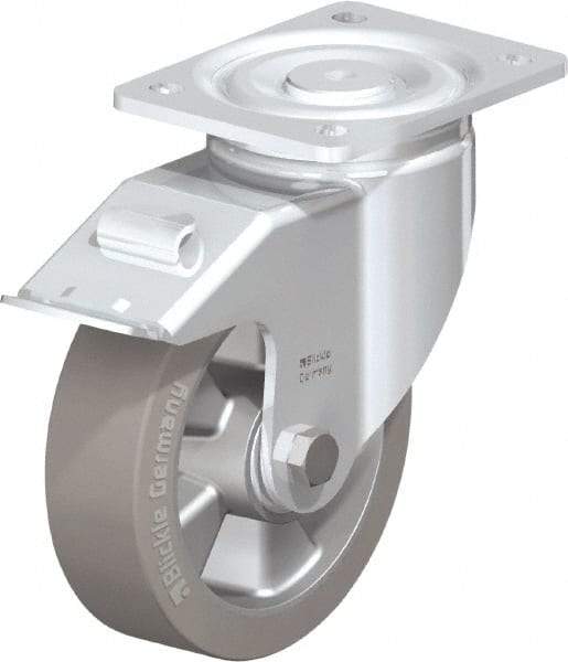 Blickle - 6-1/2" Diam x 2" Wide x 7-61/64" OAH Top Plate Mount Swivel Caster with Brake - Solid Rubber, 880 Lb Capacity, Ball Bearing, 5-1/2 x 4-3/8" Plate - Eagle Tool & Supply