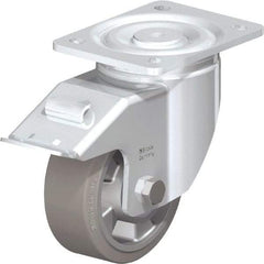 Blickle - 5" Diam x 2" Wide x 6-11/16" OAH Top Plate Mount Swivel Caster with Brake - Solid Rubber, 594 Lb Capacity, Ball Bearing, 5-1/2 x 4-3/8" Plate - Eagle Tool & Supply