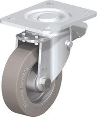 Blickle - 5" Diam x 1-9/16" Wide x 6-1/2" OAH Top Plate Mount Swivel Caster with Brake - Solid Rubber, 550 Lb Capacity, Ball Bearing, 5-1/2 x 4-3/8" Plate - Eagle Tool & Supply