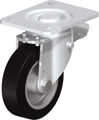 Blickle - 5" Diam x 1-9/16" Wide x 6-1/2" OAH Top Plate Mount Swivel Caster with Brake - Solid Rubber, 550 Lb Capacity, Ball Bearing, 5-1/2 x 4-3/8" Plate - Eagle Tool & Supply