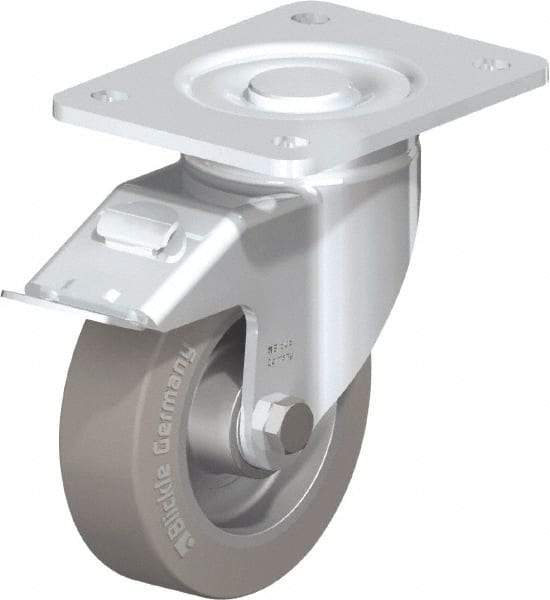Blickle - 5" Diam x 1-9/16" Wide x 6-1/2" OAH Top Plate Mount Swivel Caster with Brake - Solid Rubber, 550 Lb Capacity, Ball Bearing, 5-1/2 x 4-3/8" Plate - Eagle Tool & Supply