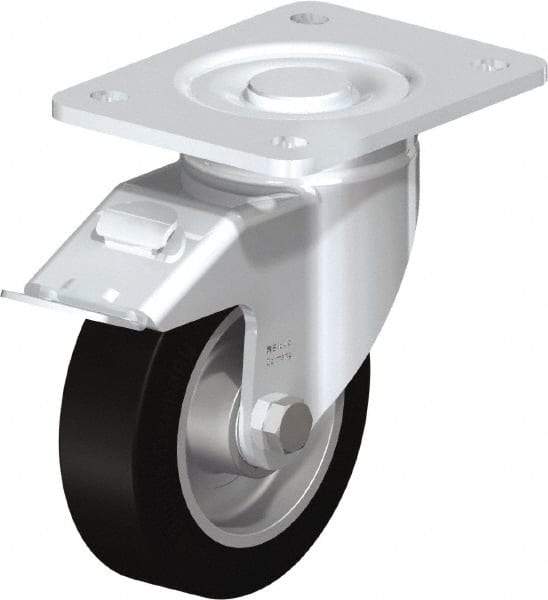Blickle - 5" Diam x 1-9/16" Wide x 6-1/2" OAH Top Plate Mount Swivel Caster with Brake - Solid Rubber, 550 Lb Capacity, Ball Bearing, 5-1/2 x 4-3/8" Plate - Eagle Tool & Supply