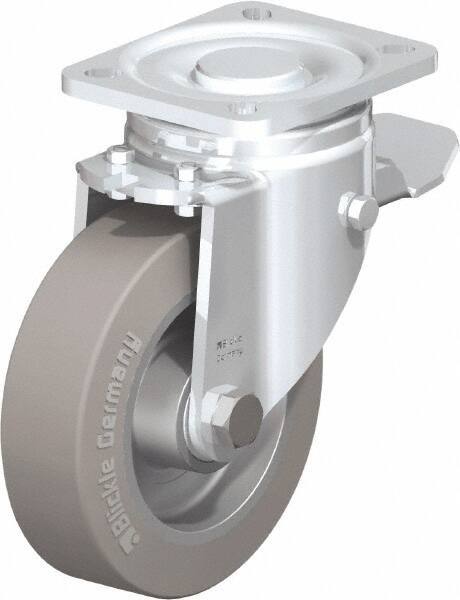 Blickle - 5" Diam x 1-9/16" Wide x 6-1/2" OAH Top Plate Mount Swivel Caster with Brake - Solid Rubber, 550 Lb Capacity, Ball Bearing, 3-15/16 x 3-3/8" Plate - Eagle Tool & Supply