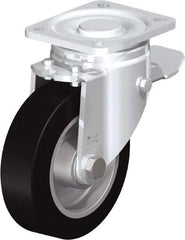 Blickle - 5" Diam x 1-9/16" Wide x 6-1/2" OAH Top Plate Mount Swivel Caster with Brake - Solid Rubber, 550 Lb Capacity, Ball Bearing, 3-15/16 x 3-3/8" Plate - Eagle Tool & Supply