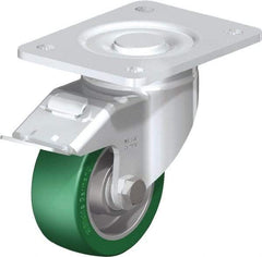 Blickle - 4" Diam x 1-9/16" Wide x 5-33/64" OAH Top Plate Mount Swivel Caster with Brake - Polyurethane-Elastomer Blickle Softhane, 660 Lb Capacity, Ball Bearing, 5-1/2 x 4-3/8" Plate - Eagle Tool & Supply
