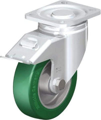 Blickle - 5" Diam x 1-9/16" Wide x 6-1/2" OAH Top Plate Mount Swivel Caster with Brake - Polyurethane-Elastomer Blickle Softhane, 770 Lb Capacity, Ball Bearing, 3-15/16 x 3-3/8" Plate - Eagle Tool & Supply