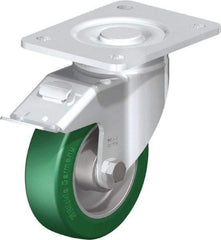 Blickle - 5" Diam x 1-9/16" Wide x 6-1/2" OAH Top Plate Mount Swivel Caster with Brake - Polyurethane-Elastomer Blickle Softhane, 770 Lb Capacity, Ball Bearing, 5-1/2 x 4-3/8" Plate - Eagle Tool & Supply