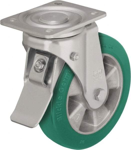 Blickle - 5" Diam x 2-1/8" Wide x 6-11/16" OAH Top Plate Mount Swivel Caster with Brake - Polyurethane-Elastomer Blickle Softhane, 990 Lb Capacity, Ball Bearing, 5-1/2 x 4-3/8" Plate - Eagle Tool & Supply