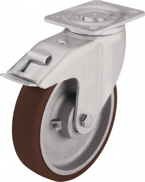 Blickle - 6-1/2" Diam x 1-31/32" Wide x 7-61/64" OAH Top Plate Mount Swivel Caster with Brake - Polyurethane-Elastomer Blickle Softhane, 1,760 Lb Capacity, Ball Bearing, 5-1/2 x 4-3/8" Plate - Eagle Tool & Supply