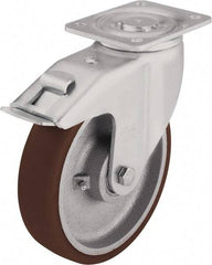 Blickle - 6-1/2" Diam x 1-31/32" Wide x 7-61/64" OAH Top Plate Mount Swivel Caster with Brake - Polyurethane-Elastomer Blickle Softhane, 1,760 Lb Capacity, Ball Bearing, 5-1/2 x 4-3/8" Plate - Eagle Tool & Supply