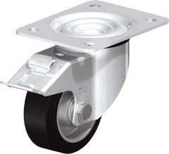 Blickle - 4" Diam x 1-37/64" Wide x 5-7/64" OAH Top Plate Mount Swivel Caster with Brake - Solid Rubber, 440 Lb Capacity, Ball Bearing, 5-1/2 x 4-3/8" Plate - Eagle Tool & Supply