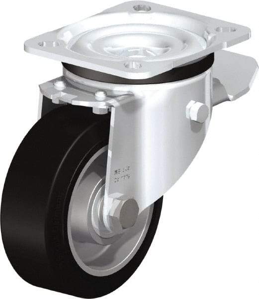 Blickle - 4" Diam x 1-37/64" Wide x 5-7/64" OAH Top Plate Mount Swivel Caster with Brake - Solid Rubber, 440 Lb Capacity, Ball Bearing, 3-15/16 x 3-3/8" Plate - Eagle Tool & Supply
