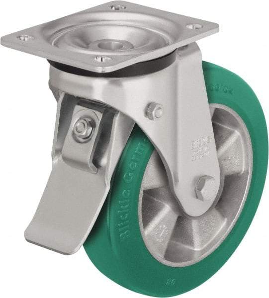 Blickle - 6" Diam x 2-1/8" Wide x 7-3/4" OAH Top Plate Mount Swivel Caster with Brake - Polyurethane-Elastomer Blickle Softhane, 1,100 Lb Capacity, Ball Bearing, 5-1/2 x 4-3/8" Plate - Eagle Tool & Supply
