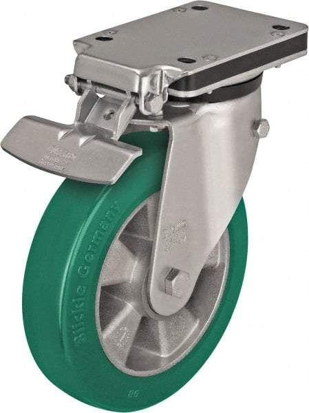 Blickle - 5" Diam x 2-1/8" Wide x 6-11/16" OAH Top Plate Mount Swivel Caster with Brake - Polyurethane-Elastomer Blickle Softhane, 990 Lb Capacity, Ball Bearing, 5-1/2 x 4-3/8" Plate - Eagle Tool & Supply
