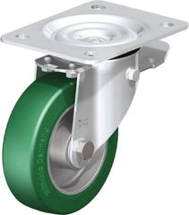 Blickle - 5" Diam x 1-37/64" Wide x 6-7/64" OAH Top Plate Mount Swivel Caster with Brake - Polyurethane-Elastomer Blickle Softhane, 770 Lb Capacity, Ball Bearing, 5-1/2 x 4-3/8" Plate - Eagle Tool & Supply