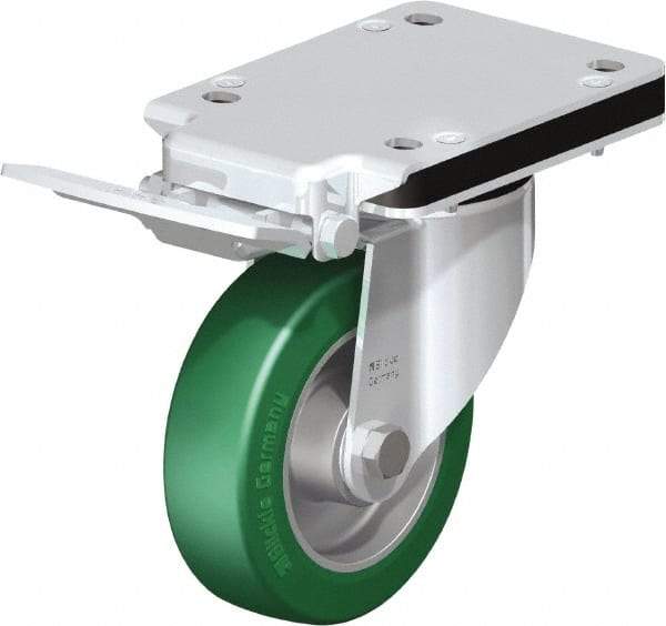 Blickle - 5" Diam x 1-37/64" Wide x 10-5/16" OAH Top Plate Mount Swivel Caster with Brake - Polyurethane-Elastomer Blickle Softhane, 770 Lb Capacity, Ball Bearing, 5-1/2 x 4-3/8" Plate - Eagle Tool & Supply